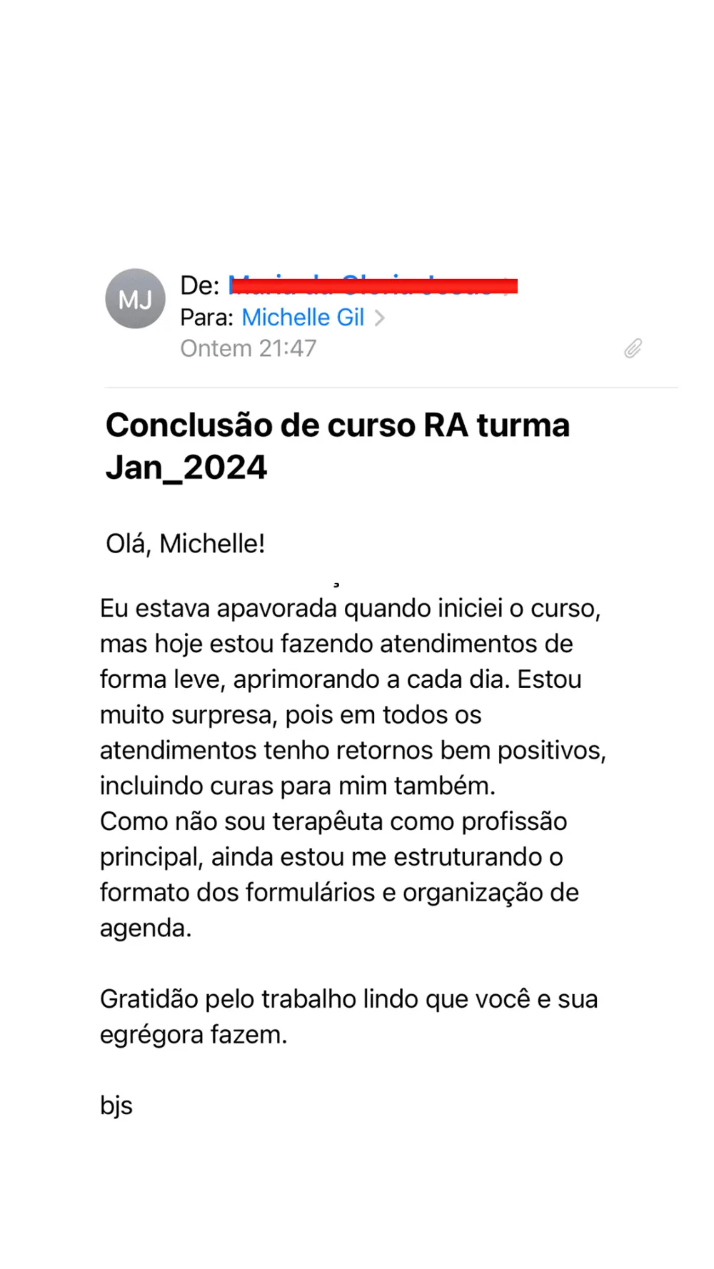Mensagem de aluna sobre resultados nos atendimentos