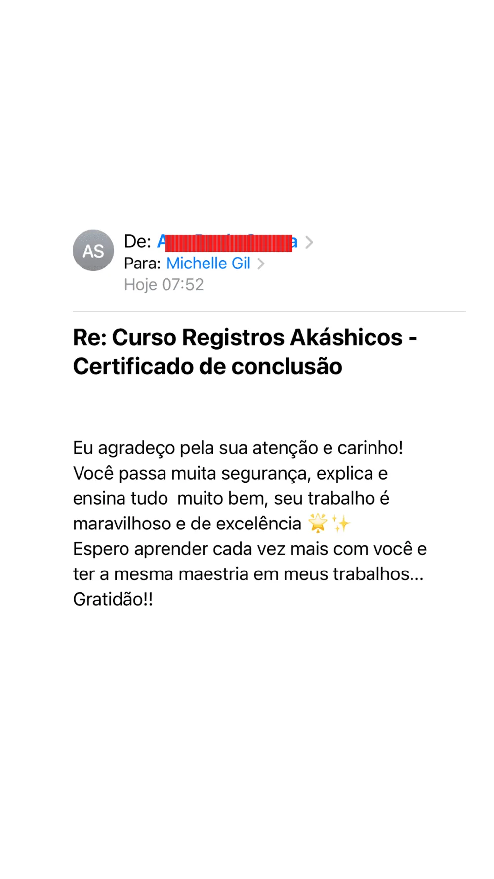 Depoimento de aluna sobre cura e clareza
